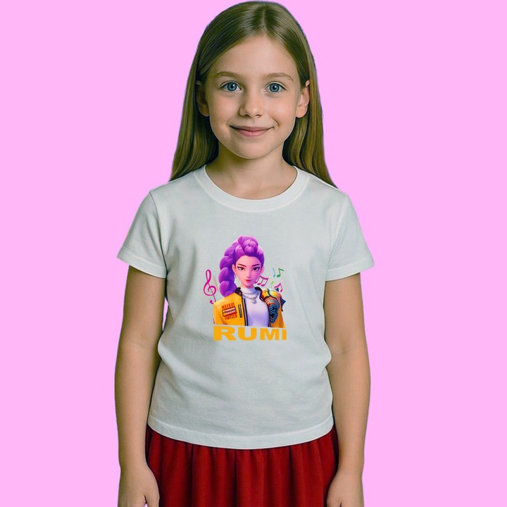 Tricou Copii Huntrix K Pop Hunters Demon Rumi Portret Solo Muzical, Alb