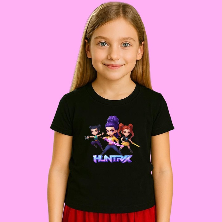 Tricou Copii Huntrix K Pop Hunters Demon Huntrix Chibi Cu Arme, Negru