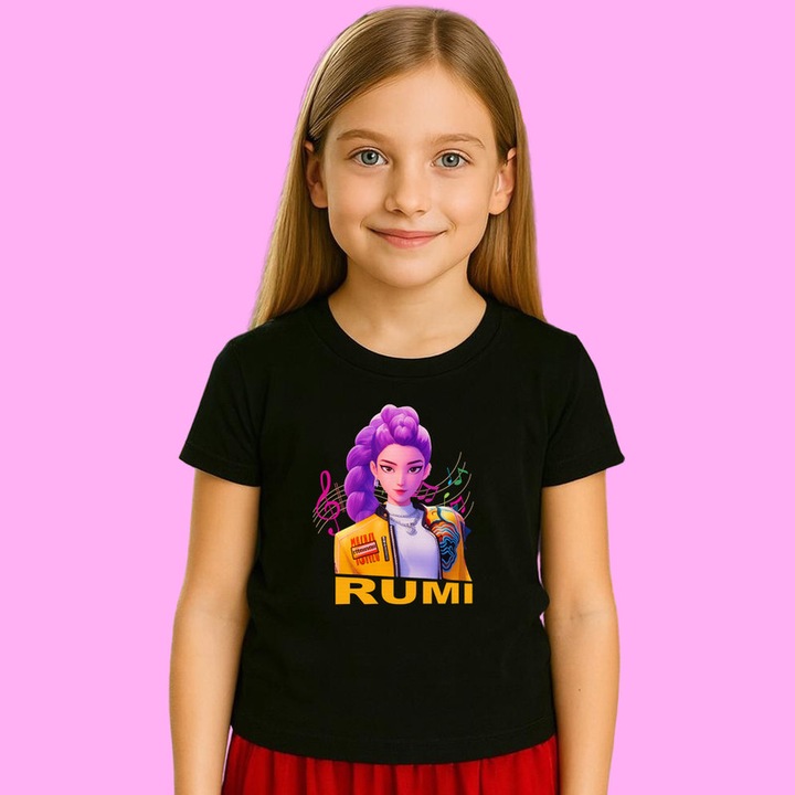 Tricou Copii Huntrix K Pop Hunters Demon Rumi Portret Solo Muzical, Negru
