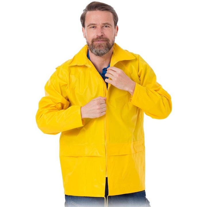 Jacheta de ploaie, UN, galben, impermeabila, cu gluga, maneci reglabile, 65% poliester, 35% PVC, 2XL