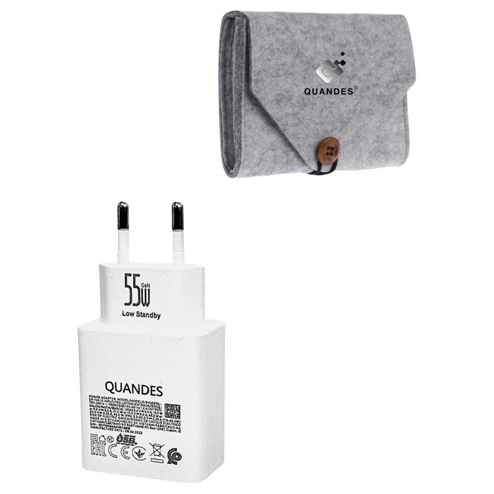 Szupergyors USB-C töltő, 55W PD, fehér és hordozható filc tárolótáska, kompatibilis iPhone 17 / 16 / 15 promax