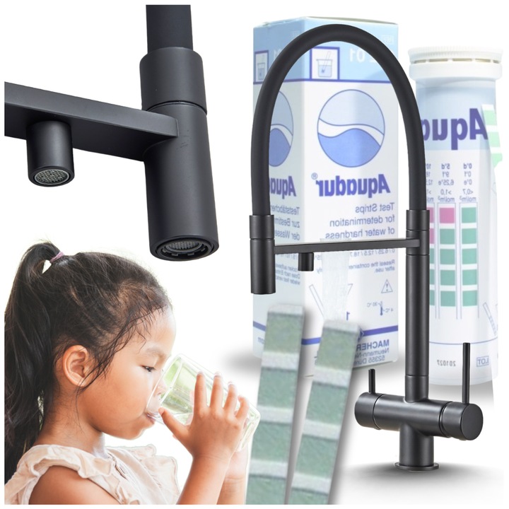 Baterie bucatarie triplufunctionala Ari HighFlex, negru mat, gat flexibil