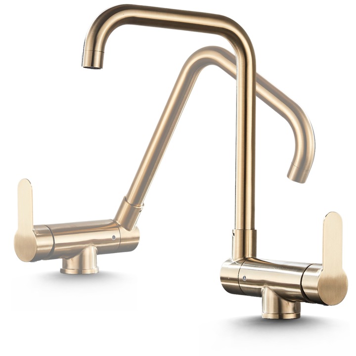Baterie bucatarie pliabila sub fereastra MOEN, aur periat, perlator, cartus ceramic, gura rotativa 360°
