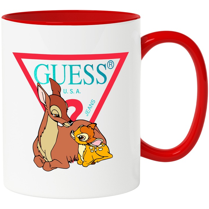 Cana Cu Bambi, Cu Textul "Guess" - Design 1, Ceramica, 330ML, Cu Maner si Interior Rosu