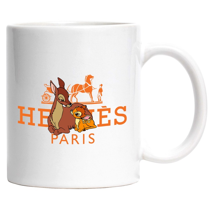 Cana Cu Bambi, Cu Textul "Hermes Paris" - Design 1, Ceramica, 330ML, Cu Maner si Interior Alb