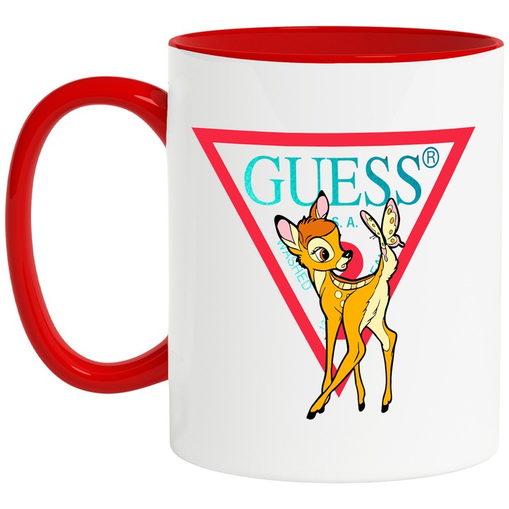 Cana Cu Bambi, Cu Textul "Guess" - Design 2, Ceramica, 330ML, Cu Maner si Interior Rosu