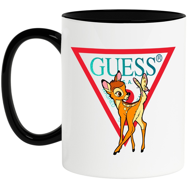 Cana Cu Bambi, Cu Textul "Guess" - Design 2, Ceramica, 330ML, Cu Maner si Interior Negru