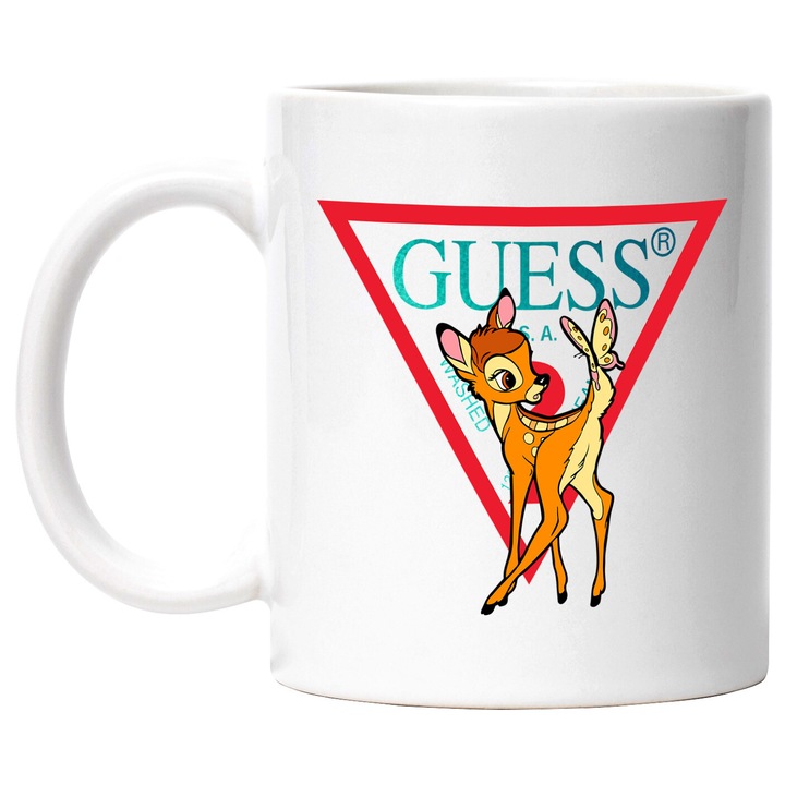 Cana Cu Bambi, Cu Textul "Guess" - Design 2, Ceramica, 330ML, Cu Maner si Interior Alb