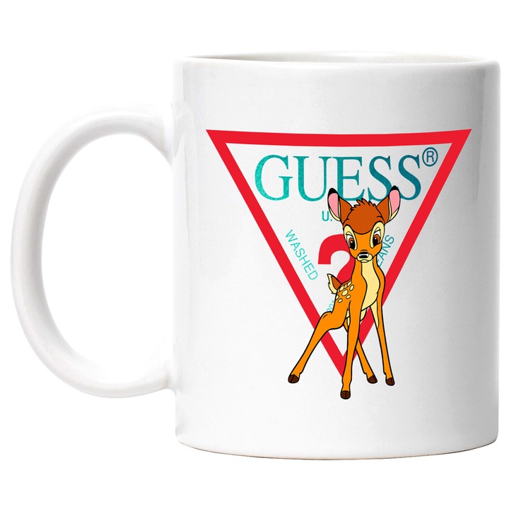 Cana Cu Bambi, Cu Textul "Guess" - Design 3, Ceramica, 330ML, Cu Maner si Interior Alb