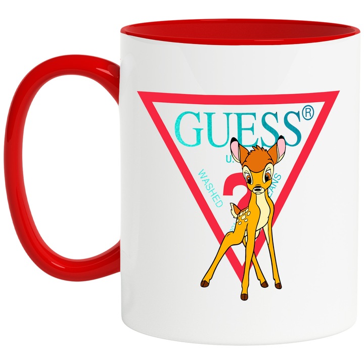 Cana Cu Bambi, Cu Textul "Guess" - Design 3, Ceramica, 330ML, Cu Maner si Interior Rosu
