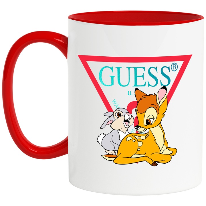 Cana Cu Bambi, Cu Textul "Guess" - Design 4, Ceramica, 330ML, Cu Maner si Interior Rosu
