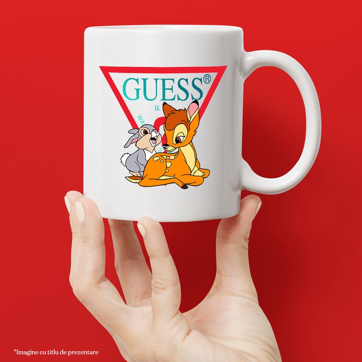 Cana Cu Bambi, Cu Textul "Guess" - Design 4, Ceramica, 330ML, Cu Maner si Interior Alb