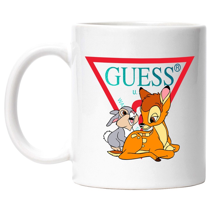 Cana Cu Bambi, Cu Textul "Guess" - Design 4, Ceramica, 330ML, Cu Maner si Interior Alb