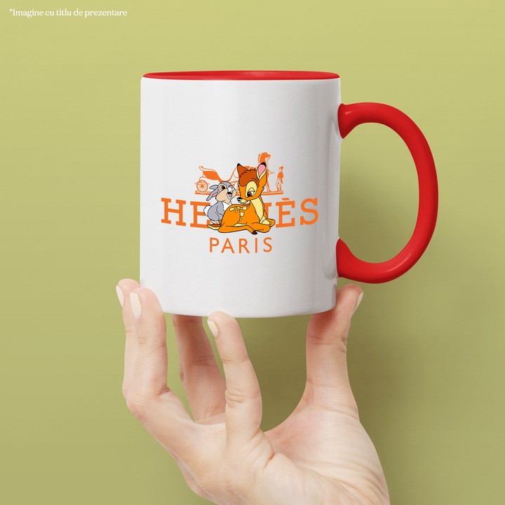 Cana Cu Bambi, Cu Textul "Hermes Paris" - Design 4, Ceramica, 330ML, Cu Maner si Interior Rosu