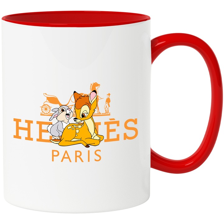 Cana Cu Bambi, Cu Textul "Hermes Paris" - Design 4, Ceramica, 330ML, Cu Maner si Interior Rosu