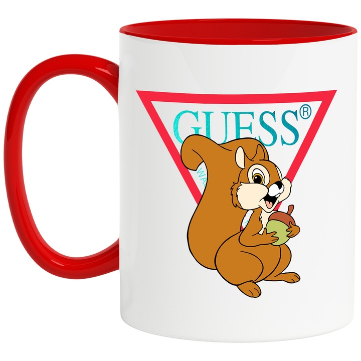 Cana Cu Bambi, Cu Textul "Guess" - Design 5, Ceramica, 330ML, Cu Maner si Interior Rosu