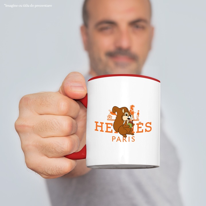 Cana Cu Bambi, Cu Textul "Hermes Paris" - Design 5, Ceramica, 330ML, Cu Maner si Interior Rosu