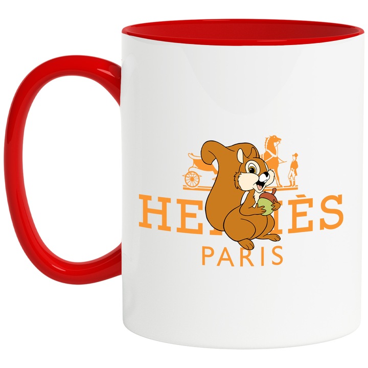Cana Cu Bambi, Cu Textul "Hermes Paris" - Design 5, Ceramica, 330ML, Cu Maner si Interior Rosu