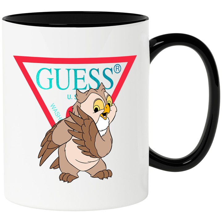 Cana Cu Bambi, Cu Textul "Guess" - Design 6, Ceramica, 330ML, Cu Maner si Interior Negru
