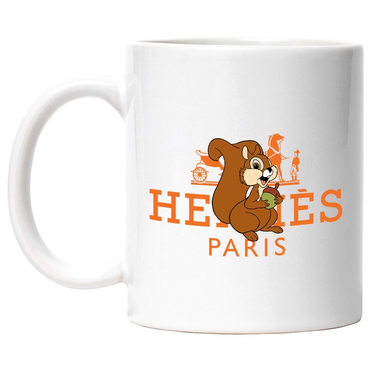 Cana Cu Bambi, Cu Textul "Hermes Paris" - Design 5, Ceramica, 330ML, Cu Maner si Interior Alb
