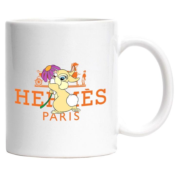 Cana Cu Bambi, Cu Textul "Hermes Paris" - Design 7, Ceramica, 330ML, Cu Maner si Interior Alb