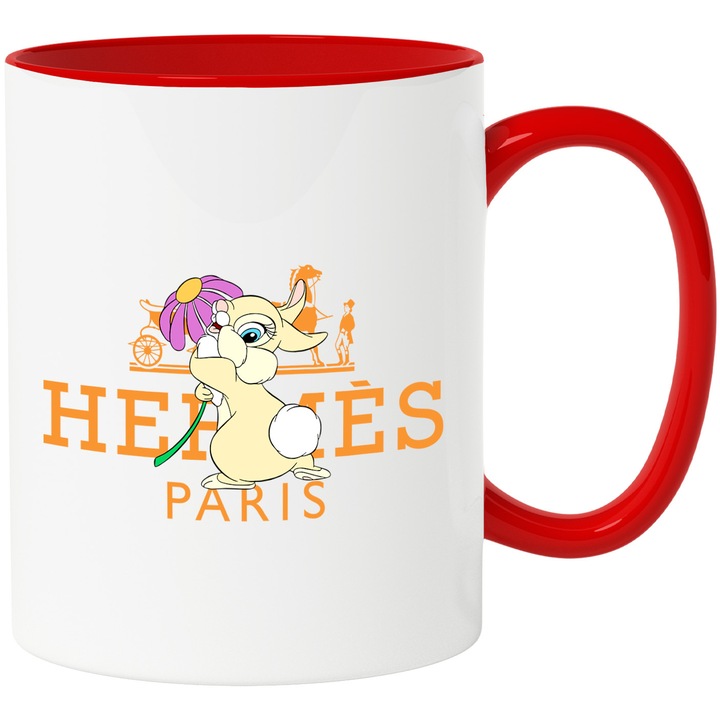Cana Cu Bambi, Cu Textul "Hermes Paris" - Design 7, Ceramica, 330ML, Cu Maner si Interior Rosu
