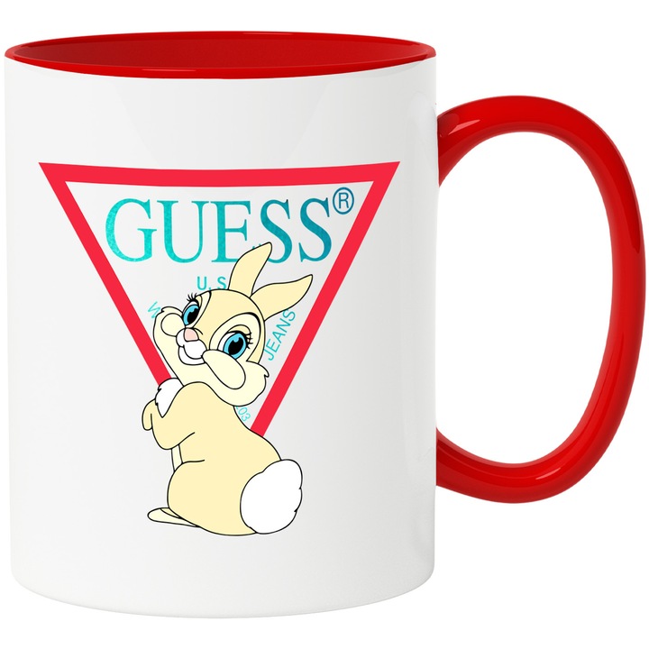 Cana Cu Bambi, Cu Textul "Guess" - Design 8, Ceramica, 330ML, Cu Maner si Interior Rosu