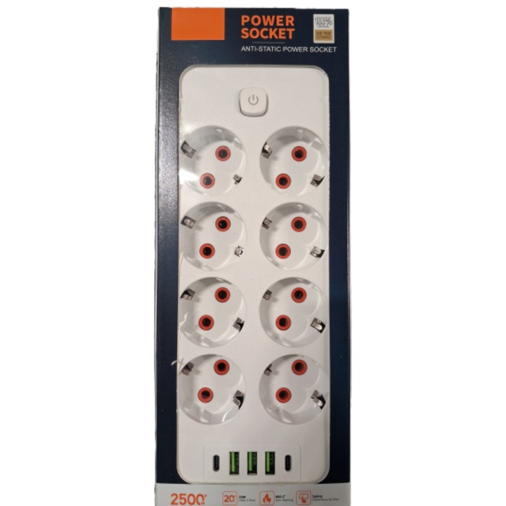 Prelungitor 2m cu 8 prize, 3 x USB, 2 x USB-C