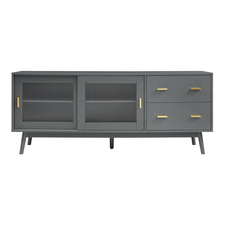 Comoda TV, en.casa, Susa, 160 x 40 x 65 cm, mdf, sticla, lemn, gri cu 2 sertare si 2 usi glisante