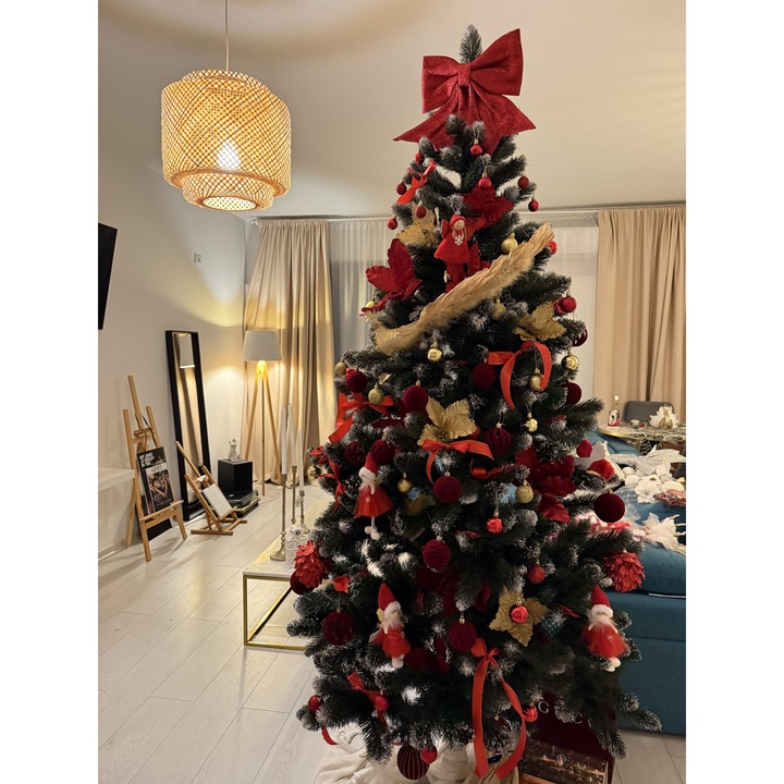 Brad artificial impodobit 220 cm cu varfuri ninse si conuri, decorat tema Spargatorul de Nuci, rosu