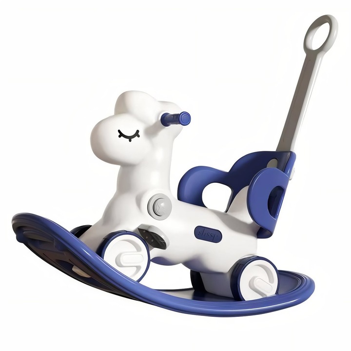 Vehicul 3 in 1 Artnico Goobo, cal de lemn, efecte sonore, alb si albastru, pentru copii 1-3 ani