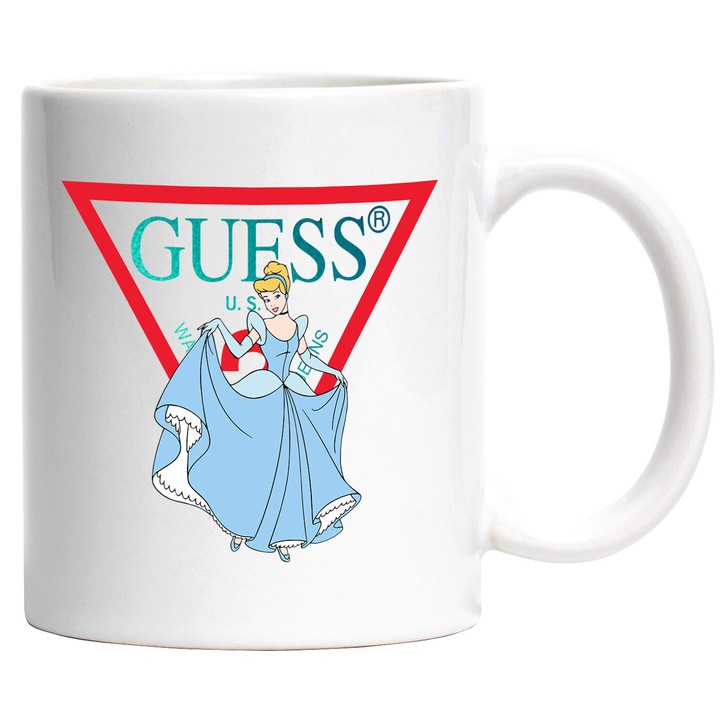 Cana Cu Cenusareasa, Cu Textul "Guess" - Design 4, Ceramica, 330ML, Cu Maner si Interior Alb