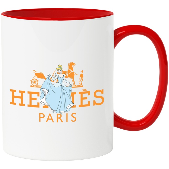 Cana Cu Cenusareasa, Cu Textul "Hermes Paris" - Design 4, Ceramica, 330ML, Cu Maner si Interior Rosu