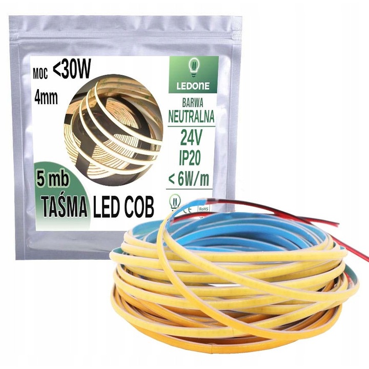 Banda LED COB 4mm 24V, Alb Neuter, Linie Luminoasa Uniforma, 5m