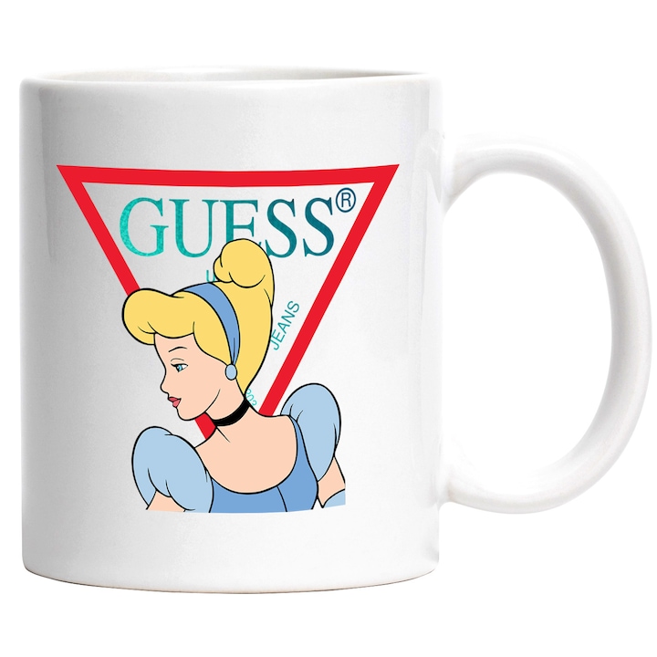 Cana Cu Cenusareasa, Cu Textul "Guess" - Design 7, Ceramica, 330ML, Cu Maner si Interior Alb