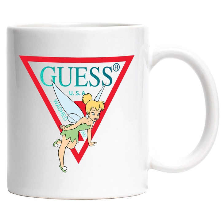 Cana Cu Clopotica, Cu Textul "Guess" - Design 1, Ceramica, 330ML, Cu Maner si Interior Alb