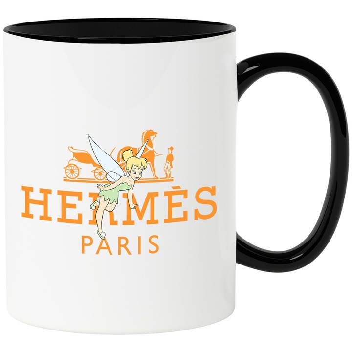 Cana Cu Clopotica, Cu Textul "Hermes Paris" - Design 1, Ceramica, 330ML, Cu Maner si Interior Negru