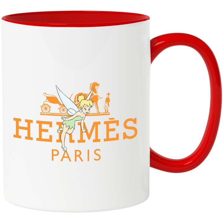 Cana Cu Clopotica, Cu Textul "Hermes Paris" - Design 1, Ceramica, 330ML, Cu Maner si Interior Rosu
