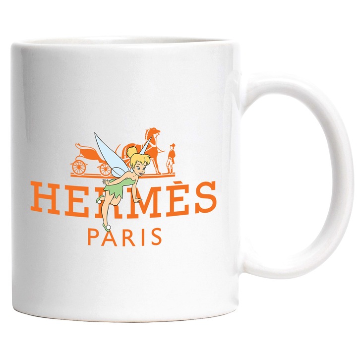 Cana Cu Clopotica, Cu Textul "Hermes Paris" - Design 1, Ceramica, 330ML, Cu Maner si Interior Alb