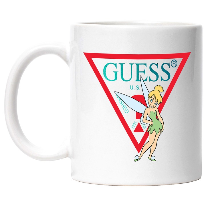 Cana Cu Clopotica, Cu Textul "Guess" - Design 2, Ceramica, 330ML, Cu Maner si Interior Alb