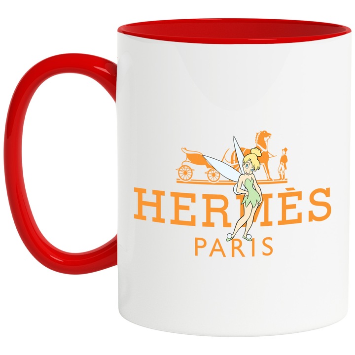 Cana Cu Clopotica, Cu Textul "Hermes Paris" - Design 2, Ceramica, 330ML, Cu Maner si Interior Rosu