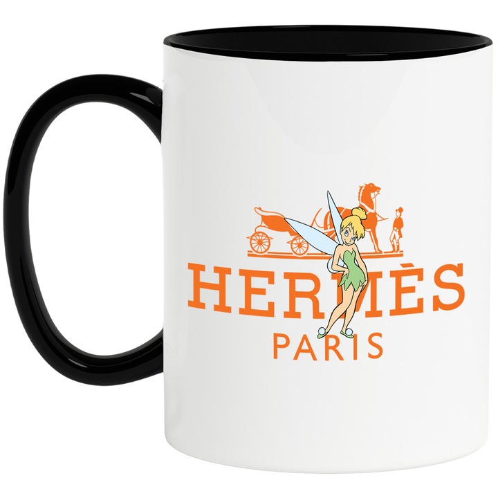Cana Cu Clopotica, Cu Textul "Hermes Paris" - Design 2, Ceramica, 330ML, Cu Maner si Interior Negru