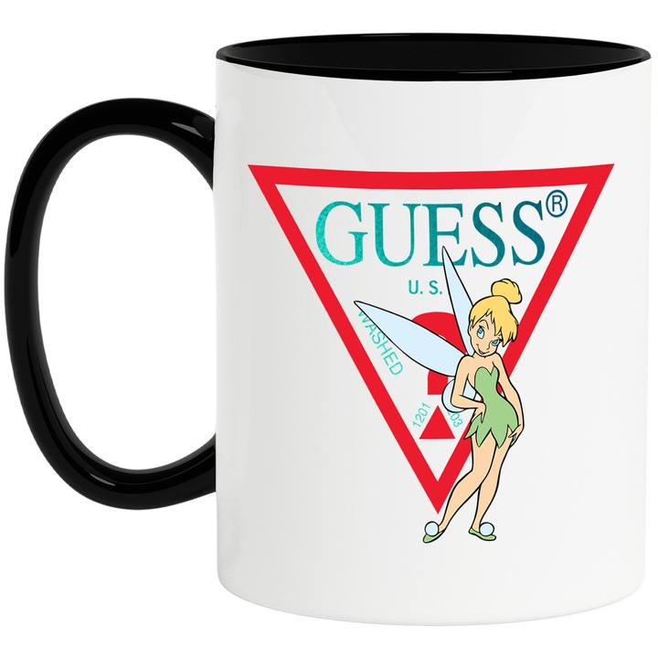 Cana Cu Clopotica, Cu Textul "Guess" - Design 2, Ceramica, 330ML, Cu Maner si Interior Negru
