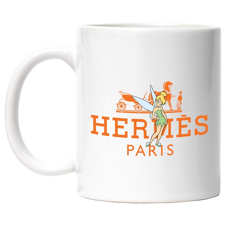 Cana Cu Clopotica, Cu Textul "Hermes Paris" - Design 2, Ceramica, 330ML, Cu Maner si Interior Alb