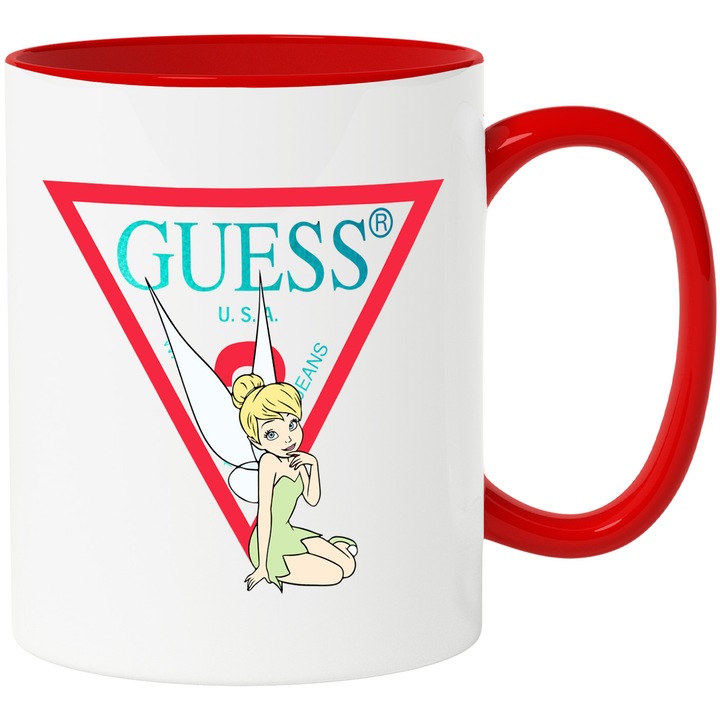 Cana Cu Clopotica, Cu Textul "Guess" - Design 3, Ceramica, 330ML, Cu Maner si Interior Rosu