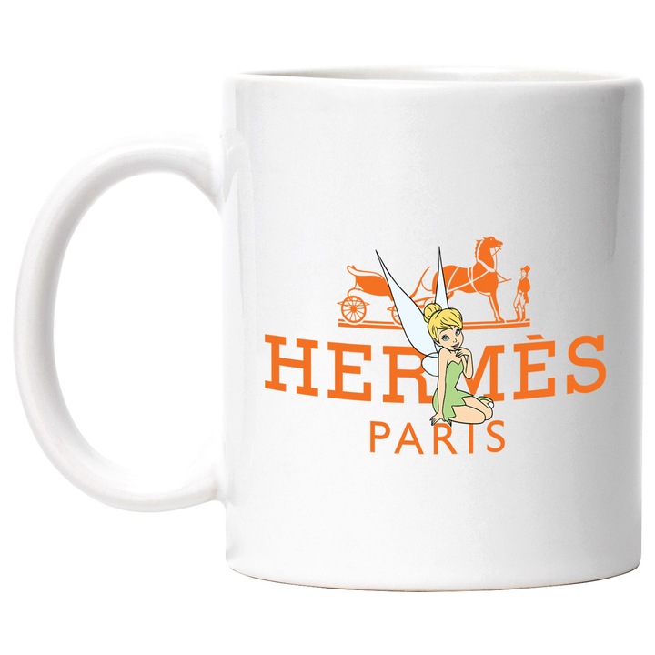Cana Cu Clopotica, Cu Textul "Hermes Paris" - Design 3, Ceramica, 330ML, Cu Maner si Interior Alb