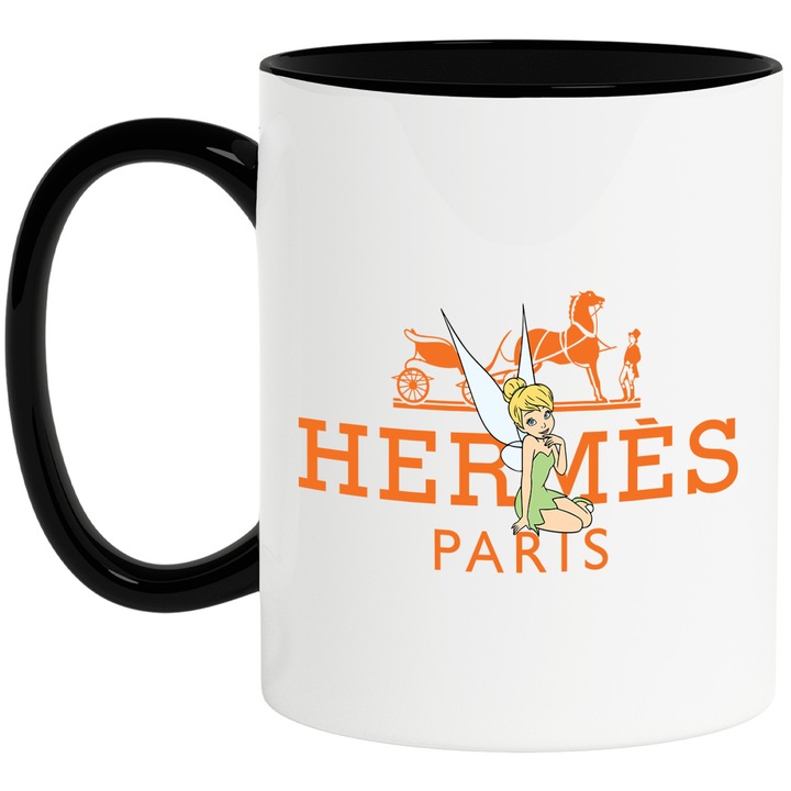 Cana Cu Clopotica, Cu Textul "Hermes Paris" - Design 3, Ceramica, 330ML, Cu Maner si Interior Negru