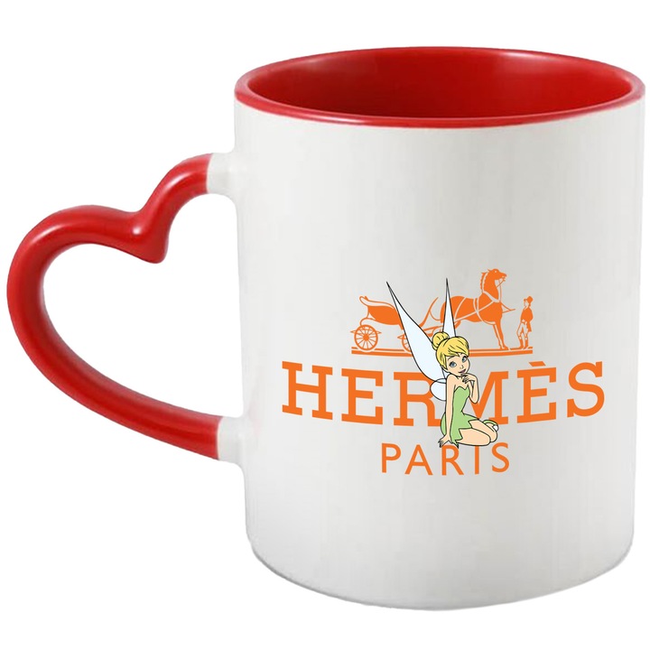 Cana Cu Clopotica, Cu Textul "Hermes Paris" - Design 3, Ceramica, 330ML, Cu Maner Inima Rosie si Interior Rosu