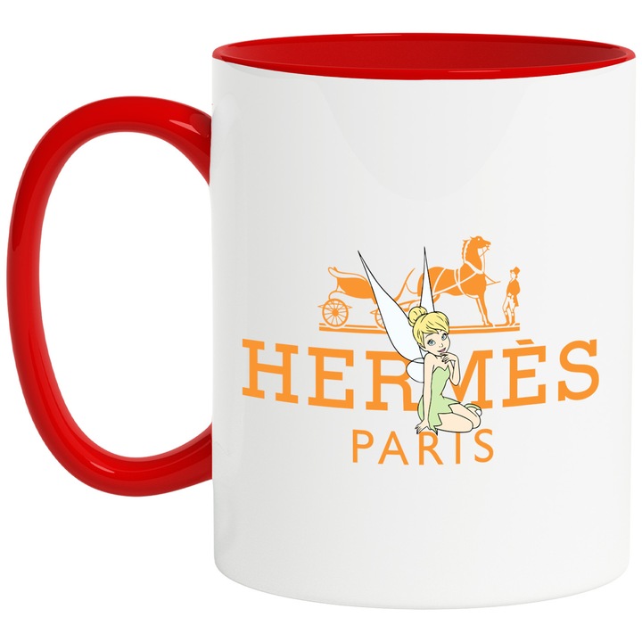 Cana Cu Clopotica, Cu Textul "Hermes Paris" - Design 3, Ceramica, 330ML, Cu Maner si Interior Rosu