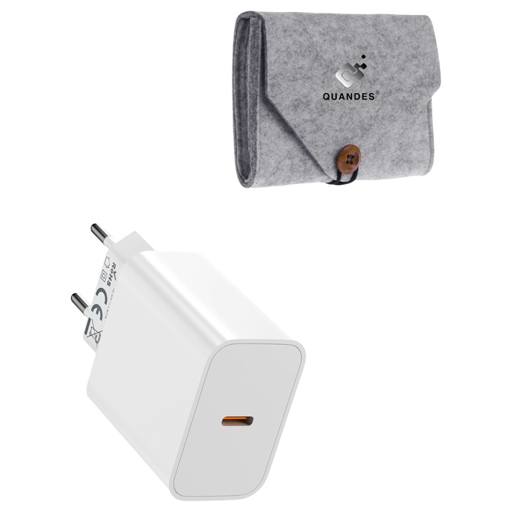 Szupergyors USB-C töltő, 20W PD, fehér és hordozható filc tárolótáska, kompatibilis iPhone 17 / 16 / 15 / 14 / 13 / 12 promax